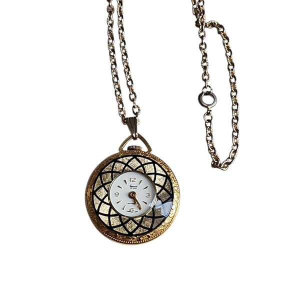 VTG Mechanical Necklace Pendant Watch Floral and Geometric Details MCM 50s-70s